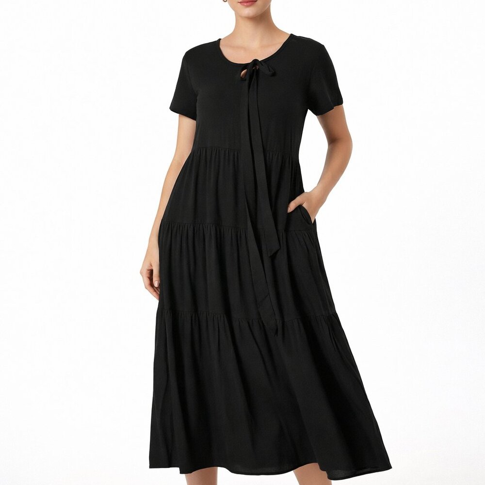 New Yesno Womens Black Tiered Midi Dress Short Sleeve Rayon Boho Casual Chic
